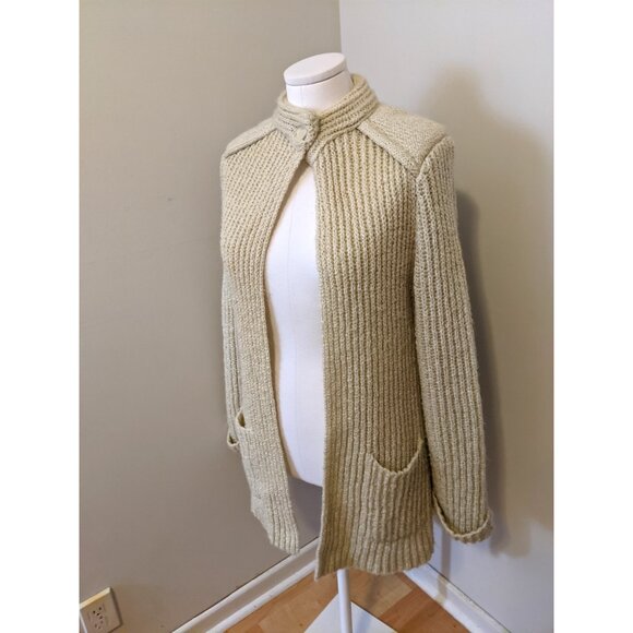Vintage Heavy Knit Cardigan Retro Layering Chunky Button Belt Beige Grandpa Sz M - Picture 4 of 10